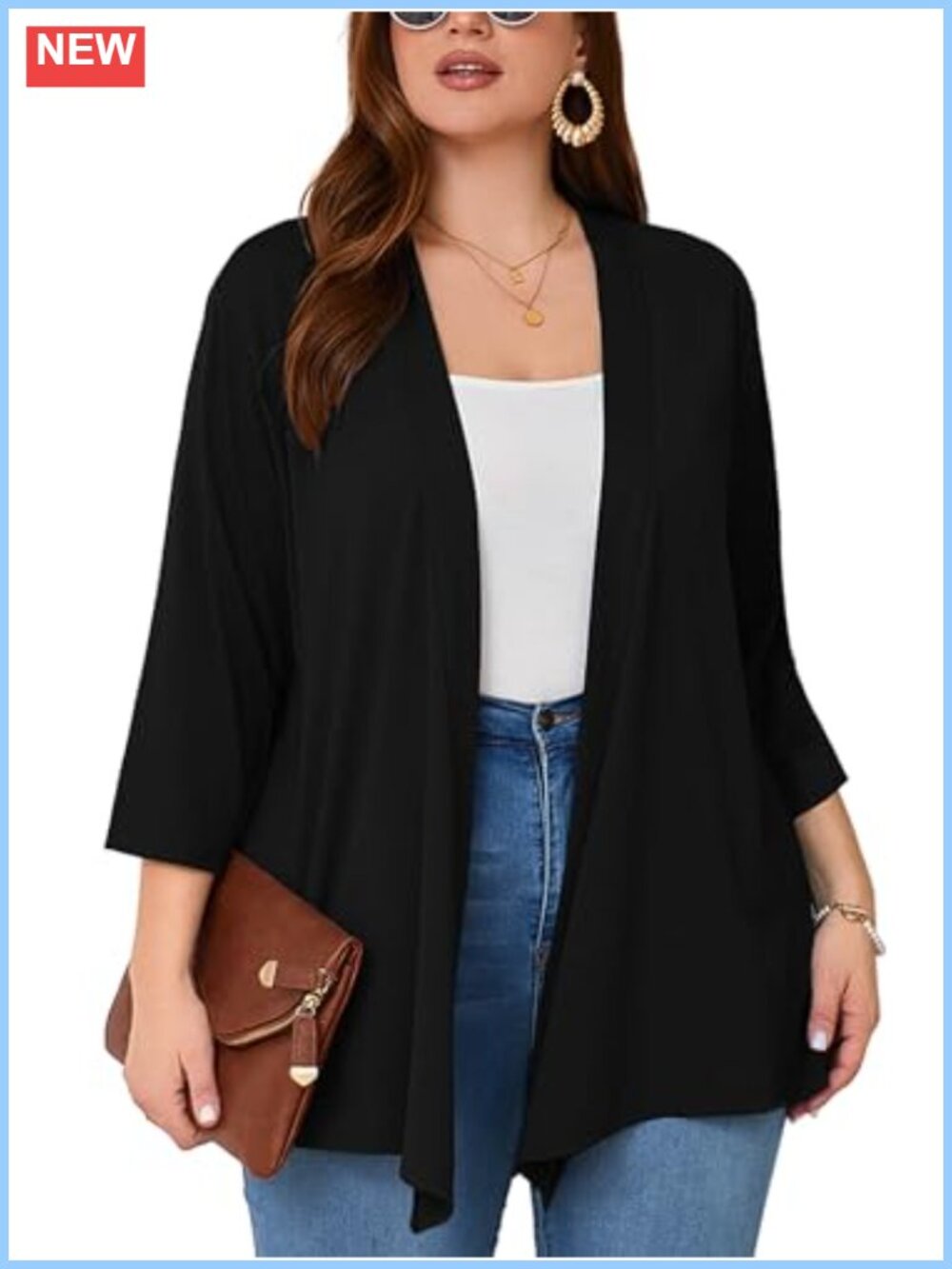 Plus Size Lightweight Open Front Cardigan 3/4 Sleeve Kimono Shrug